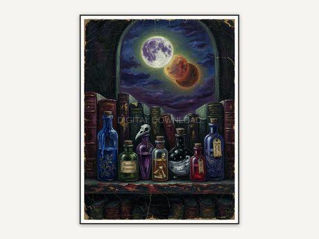 Twin moons above potion bottles on shelf