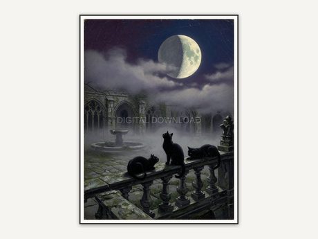 Waxing moon over courtyard with black cats