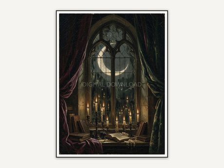 Crescent moon in library window with candles