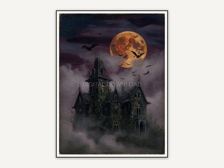 Harvest moon over misty manor with bats