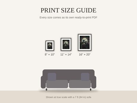 Print size guide showing 8x10, 11x14, and 16x20 framed prints at true scale beside a sofa