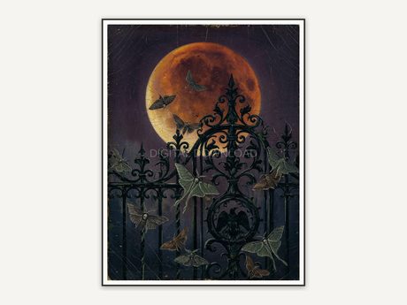 Orange moon behind iron gate with moths