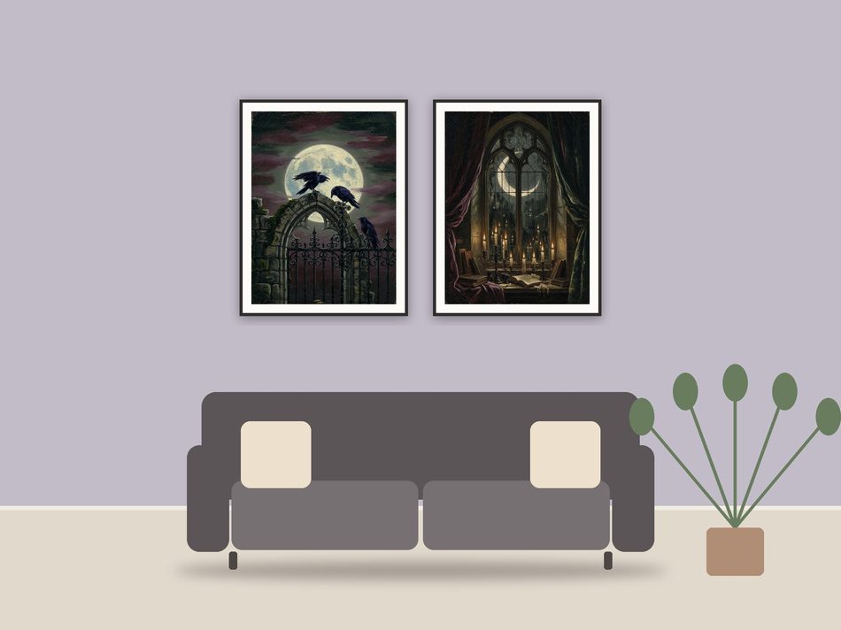 halloween decor and spooky season wall art printable art framed above a sofa in a styled living room