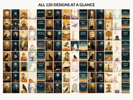 All 120 Halloween printable designs in the bundle shown together on one contact sheet