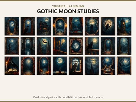 Volume 2 Gothic Moon Studies: 24 printable Halloween art designs, dark moody oils with candlelit arches and full moons