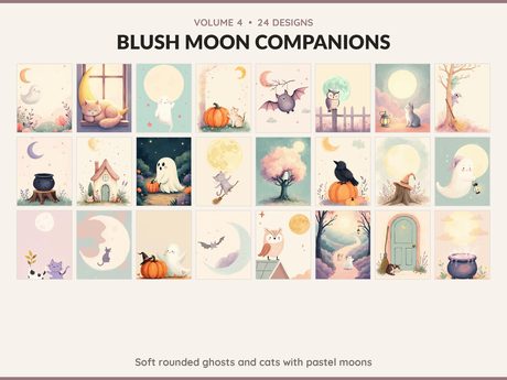 Volume 4 Blush Moon Companions: 24 printable Halloween art designs, soft rounded ghosts and cats with pastel moons