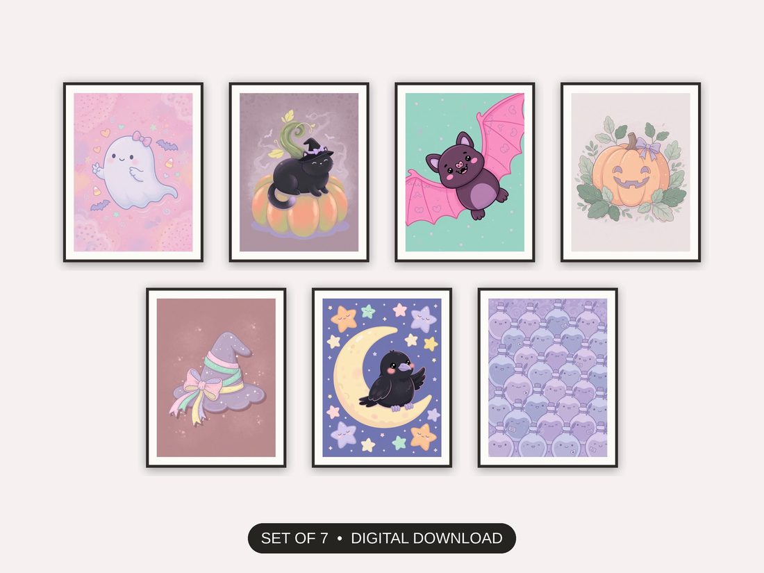 Set of 7 creepy cute halloween prints printable prints shown as a gallery wall
