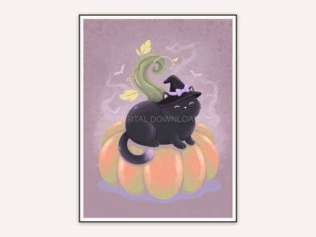 Rounded black cat with witch hat on pumpkin pastel art