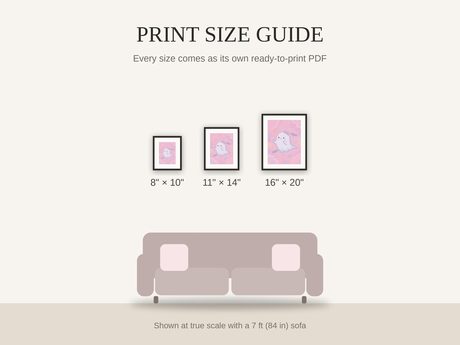 Print size guide showing 8x10, 11x14, and 16x20 framed prints at true scale beside a sofa