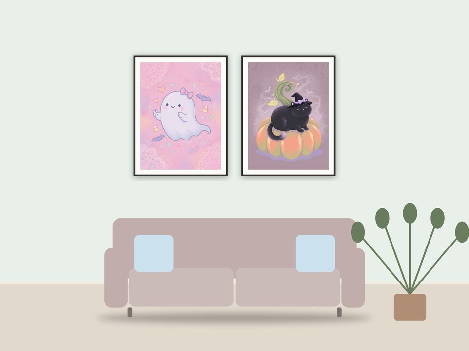 creepy cute halloween prints printable art framed above a sofa in a styled living room