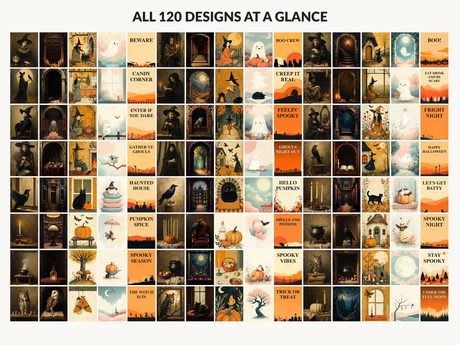 All 120 Halloween printable designs in the bundle shown together on one contact sheet