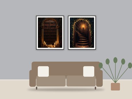 Shadowed Arch Studies printable art framed above a sofa in a styled living room