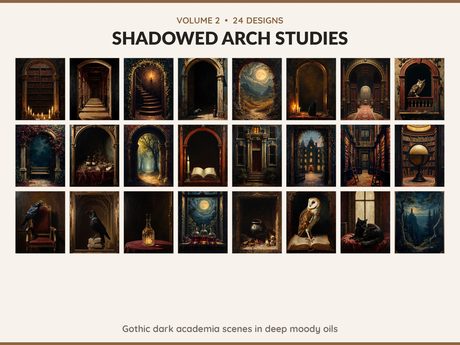 Volume 2 Shadowed Arch Studies: 24 printable Halloween art designs, gothic dark academia scenes in deep moody oils