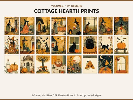 Volume 3 Cottage Hearth Prints: 24 printable Halloween art designs, warm primitive folk illustrations in hand painted style