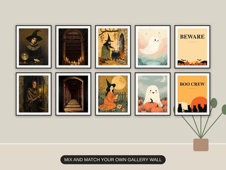 Ten Halloween prints from the bundle framed together as a gallery wall above a console table