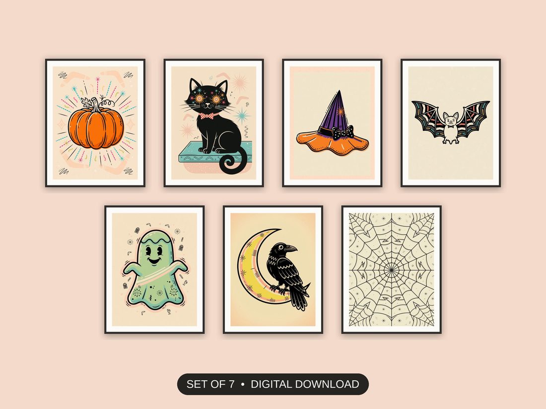 Set of 7 halloween decor and spooky season wall art printable prints shown as a gallery wall