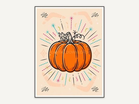 retro mid century pumpkin print in orange and black on cream