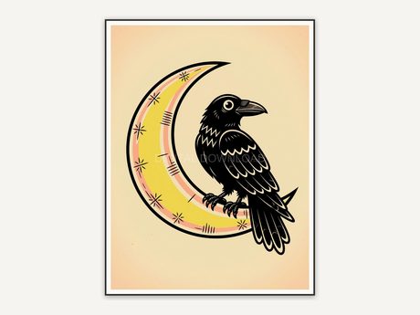atomic raven on crescent moon mid century print