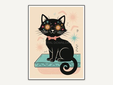 atomic black cat illustration in retro 1950s style