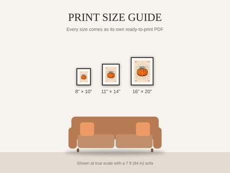 Print size guide showing 8x10, 11x14, and 16x20 framed prints at true scale beside a sofa