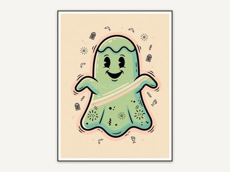 rounded retro ghost in orange and black flat art