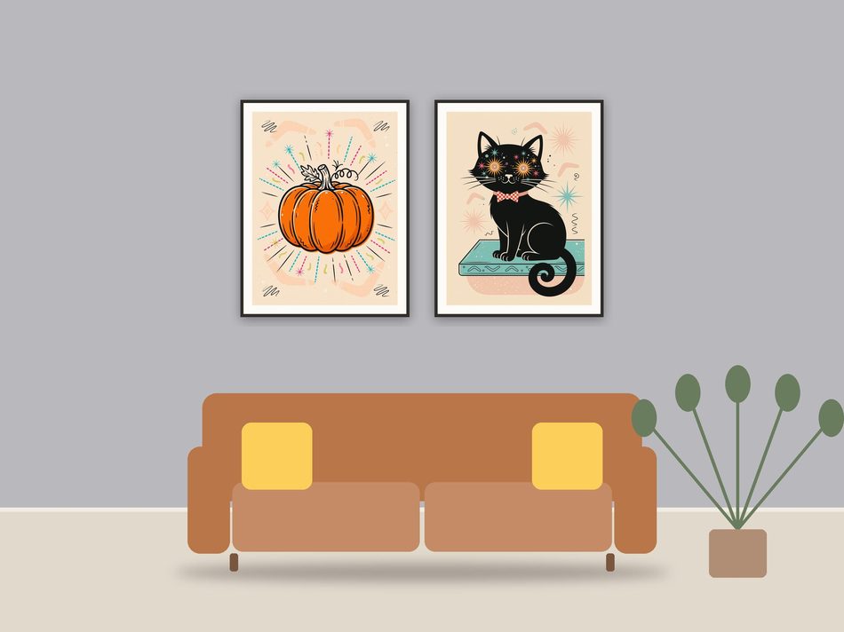 halloween decor and spooky season wall art printable art framed above a sofa in a styled living room