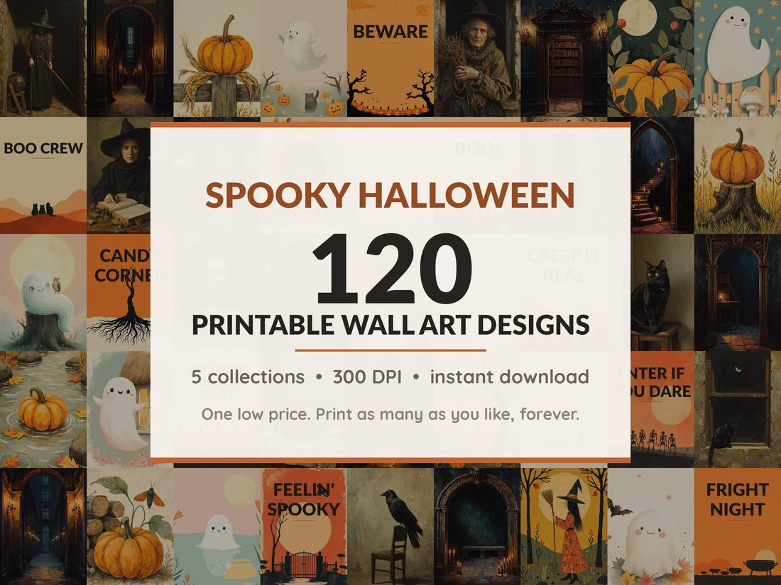 Halloween printable wall art mega bundle with 120 art prints in 5 collections: Aged Oil Sketches, Candlelit Archways, Rustic Folk Motifs, Rounded Ghost Tales, Cream Poster Fields