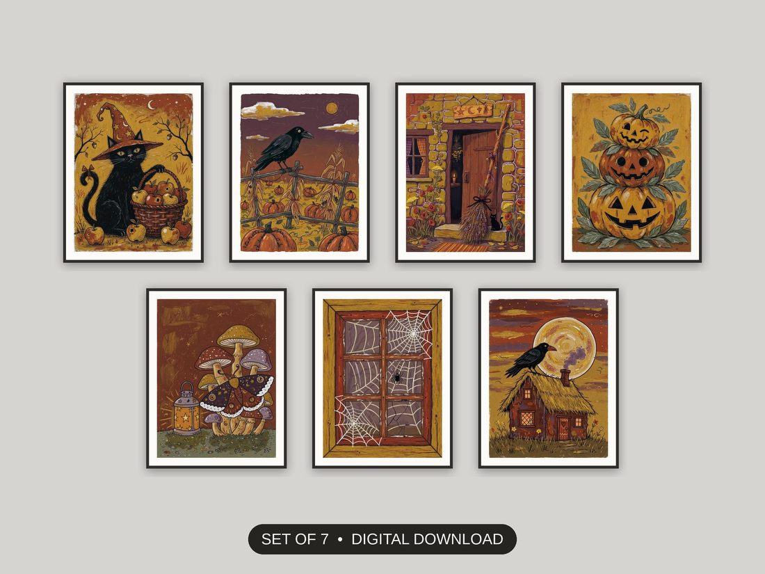 Set of 7 halloween print set printable prints shown as a gallery wall