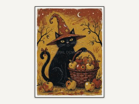 Whimsigoth primitive folk painting of black cat in pointed hat with apples