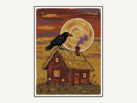 Whimsigoth primitive folk painting of full moon over thatched cottage
