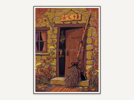 Whimsigoth primitive folk painting of witch broom by cottage door