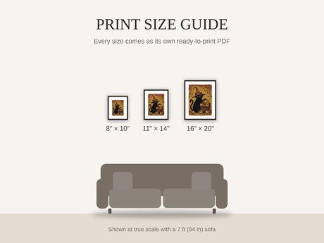 Print size guide showing 8x10, 11x14, and 16x20 framed prints at true scale beside a sofa