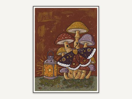Whimsigoth primitive folk painting of moth on mushrooms near lantern