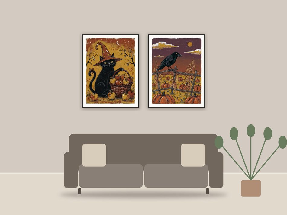 halloween print set printable art framed above a sofa in a styled living room