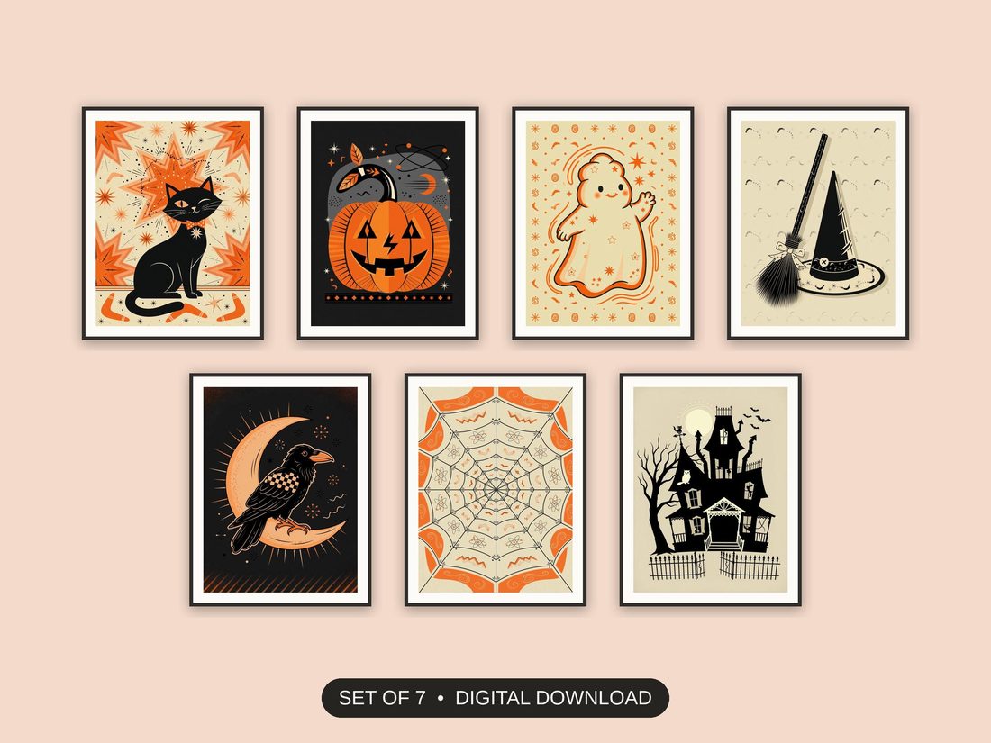 Set of 7 halloween decor printable prints shown as a gallery wall