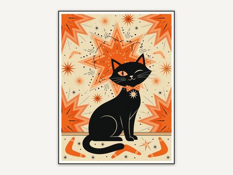 Retro mid-century black cat print in orange and cream