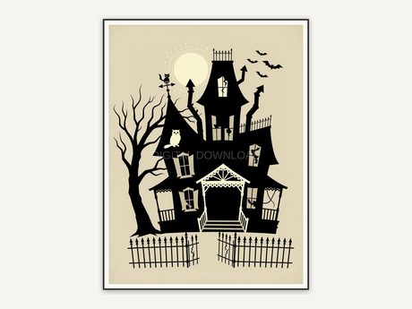 Flat haunted house silhouette in retro palette
