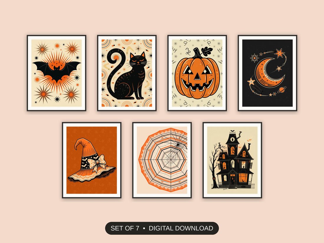 Set of 7 halloween decor printable prints shown as a gallery wall