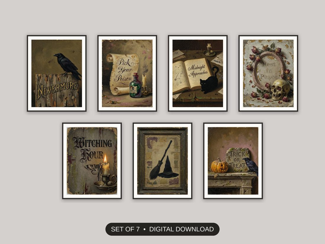 Set of 7 halloween quote print printable prints shown as a gallery wall