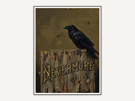 Vintage oil painting style Halloween quote print featuring Nevermore and a raven