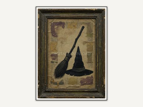 Antique frame Halloween quote print Stay For A Spell with broom and hat