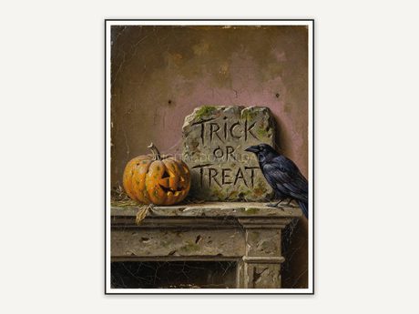 Stone mantel Halloween quote print Trick Or Treat with pumpkin and raven