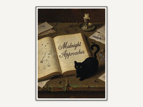 Vintage library table scene with Midnight Approaches quote and black cat