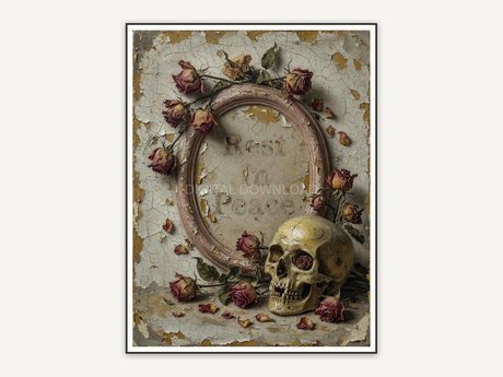 Cracked plaster Halloween quote print Rest In Peace with skull and roses