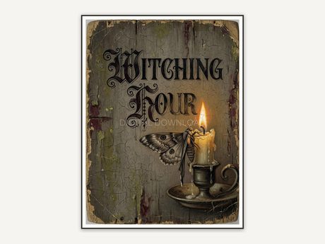 Weathered wood Halloween quote print Witching Hour with candle and moth