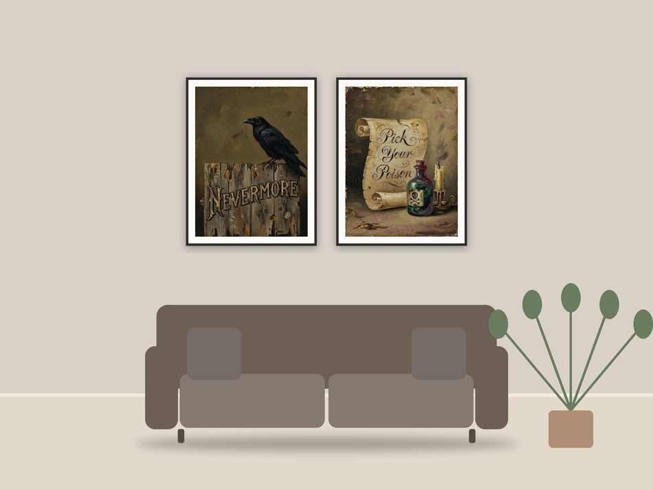 halloween quote print printable art framed above a sofa in a styled living room