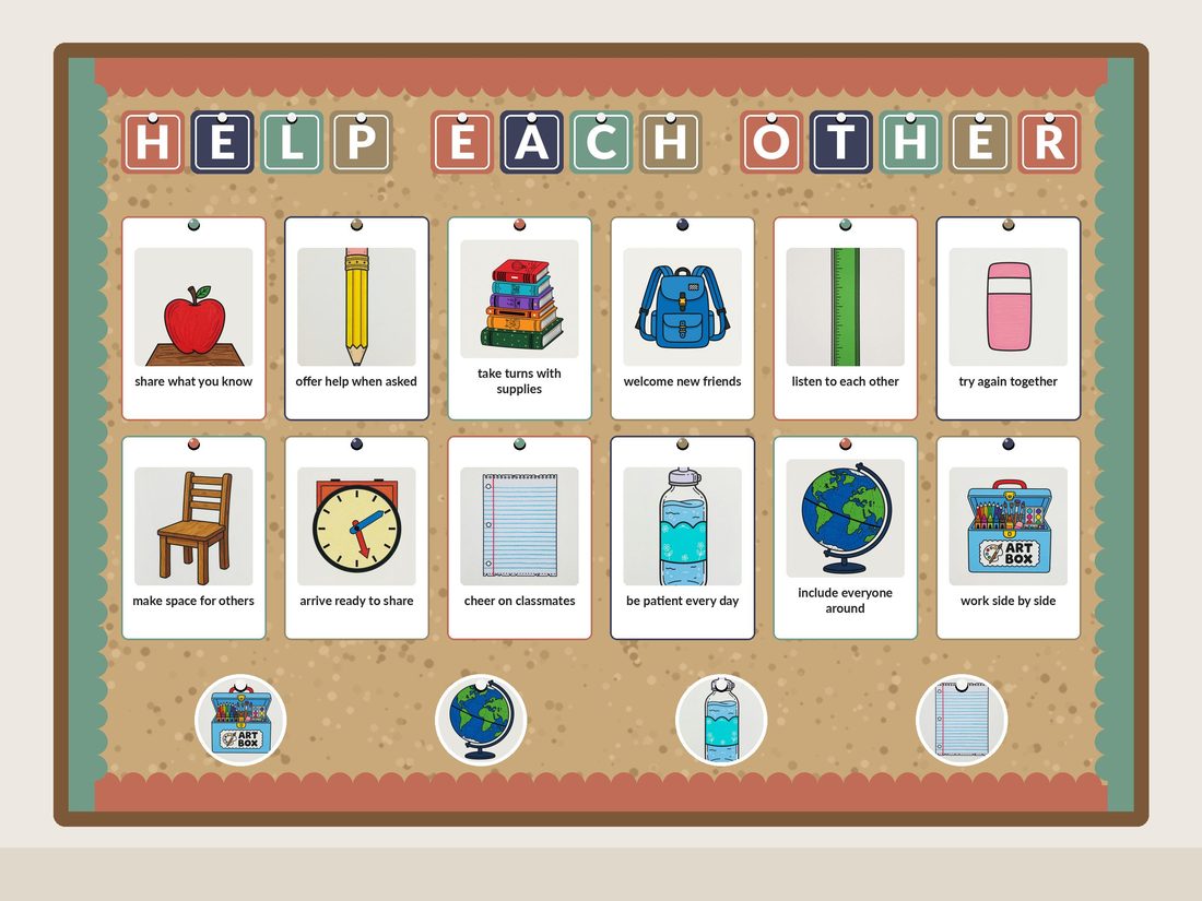 Helping Hands bulletin board kit assembled on a classroom board