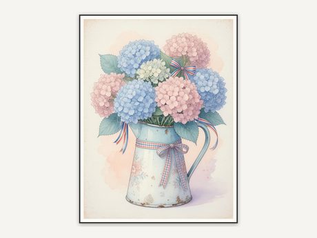 Pale blue and pink hydrangeas in enamel pitcher