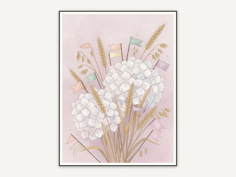 White hydrangeas with wheat and flags