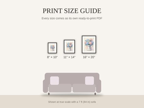 Print size guide showing 8x10, 11x14, and 16x20 framed prints at true scale beside a sofa